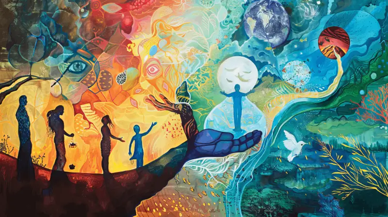 A colorful surreal painting showing human figures evolving and reaching toward symbols of light, nature, and the cosmos, blending abstract patterns with natural imagery.