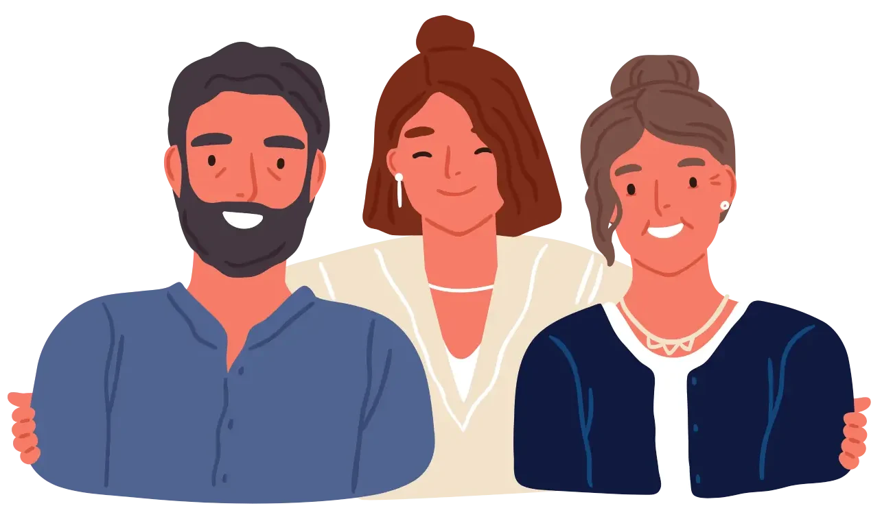 An illustration of three smiling people standing close together, suggesting friendship and connection.