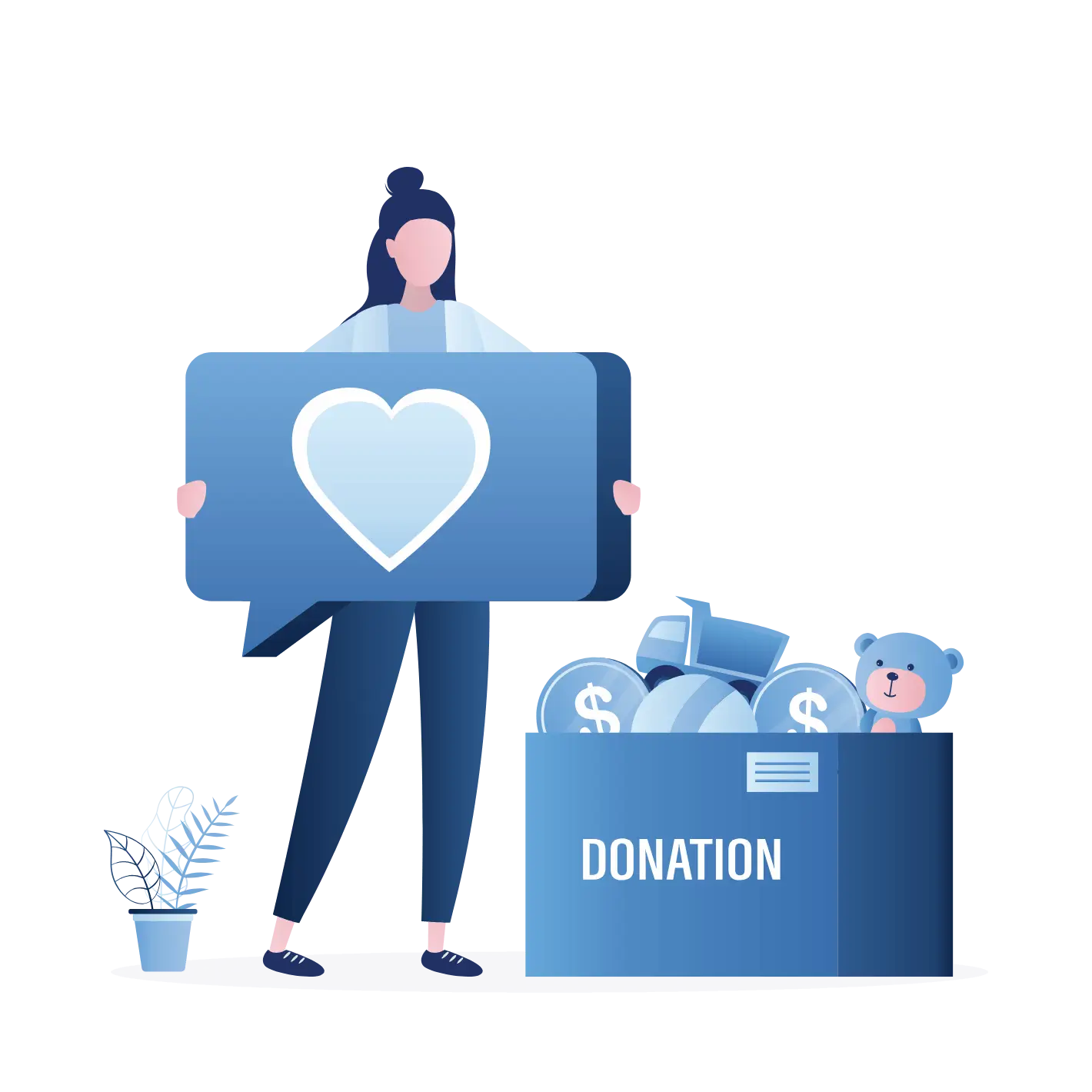 An illustration of a person holding a large speech bubble with a heart symbol next to a donation box filled with money and a teddy bear.