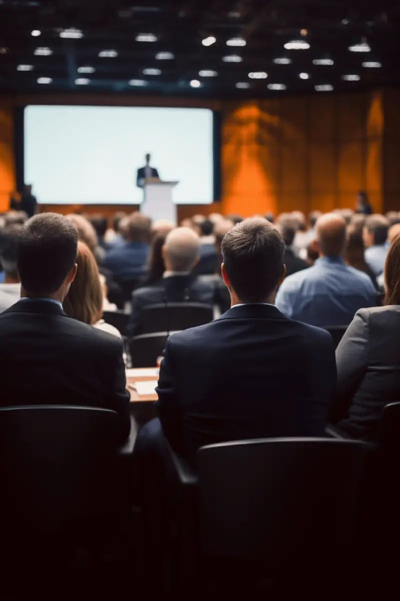 An audience of professionals seated in a large conference hall listens to a speaker at a podium in front of a big screen.
